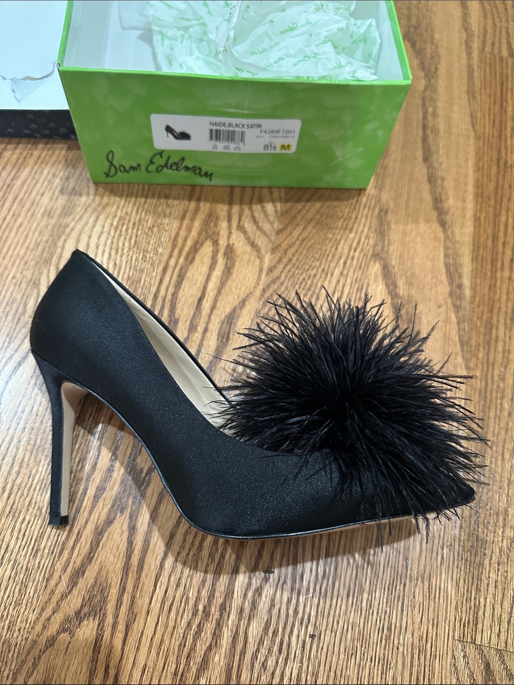 Sam Edelman Black Satin Pointed Toe Pom-Pom Stiletto Pump